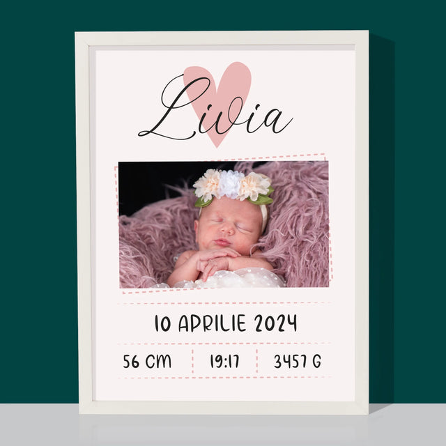 Certificat De Naștere: Certificat De Naștere Inimioară Fată - Imprimare Cu Ramă 30X40 (Verticală)