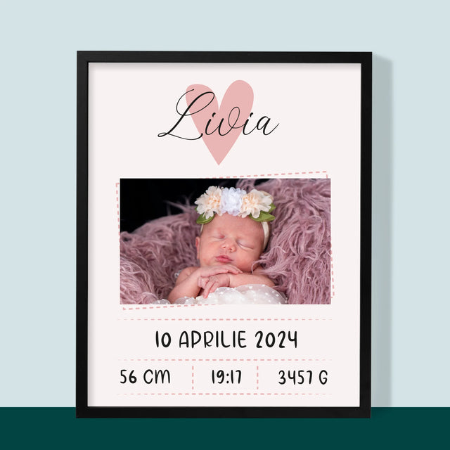 Certificat De Naștere: Certificat De Naștere Inimioară Fată - Imprimare Cu Ramă 30X40 (Verticală)