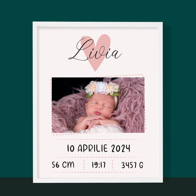 Certificat De Naștere: Certificat De Naștere Inimioară Fată - Imprimare Cu Ramă 30X40 (Verticală)