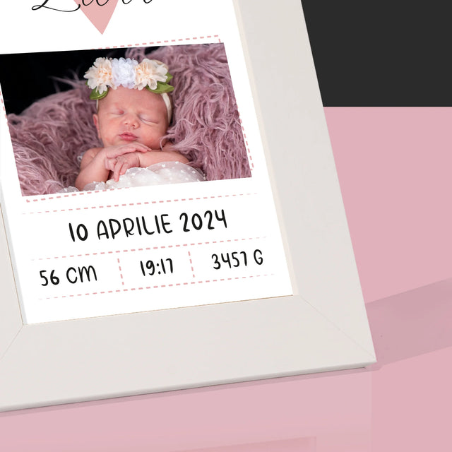 Certificat De Naștere: Certificat De Naștere Inimioară Fată - Ramă Pentru Fotografii (Horizontală)