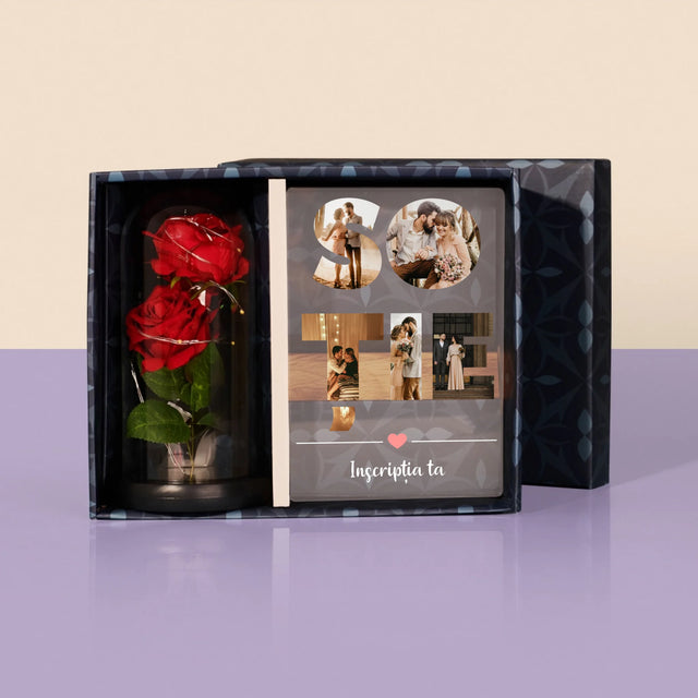 Cuvânt Din Fotografii: Soție Din Fotografiile Tale - Set Cadou Cu Imprimare Pe Sticlă Și Trandafirul Etern