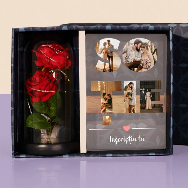 Cuvânt Din Fotografii: Soție Din Fotografiile Tale - Set Cadou Cu Imprimare Pe Sticlă Și Trandafirul Etern
