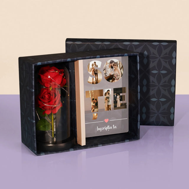 Cuvânt Din Fotografii: Soție Din Fotografiile Tale - Set Cadou Cu Imprimare Pe Sticlă Și Trandafirul Etern