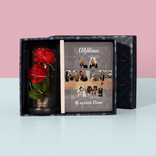 Cuvânt Din Fotografii: La Mulți Ani Din Fotografiile Tale - Set Cadou Cu Imprimare Pe Sticlă Și Trandafirul Etern