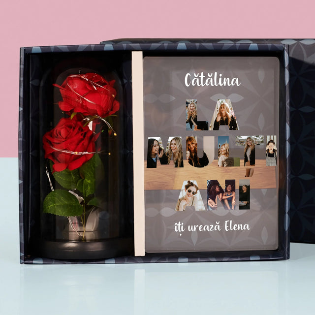 Cuvânt Din Fotografii: La Mulți Ani Din Fotografiile Tale - Set Cadou Cu Imprimare Pe Sticlă Și Trandafirul Etern