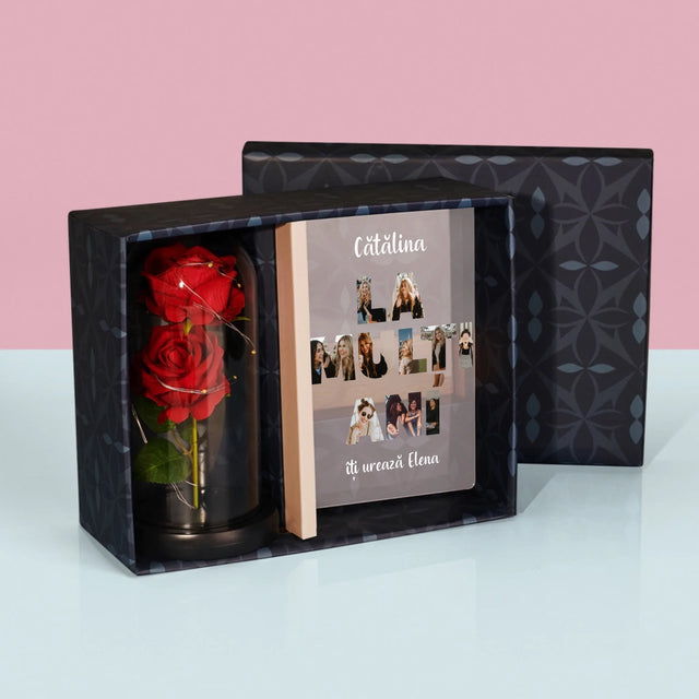 Cuvânt Din Fotografii: La Mulți Ani Din Fotografiile Tale - Set Cadou Cu Imprimare Pe Sticlă Și Trandafirul Etern
