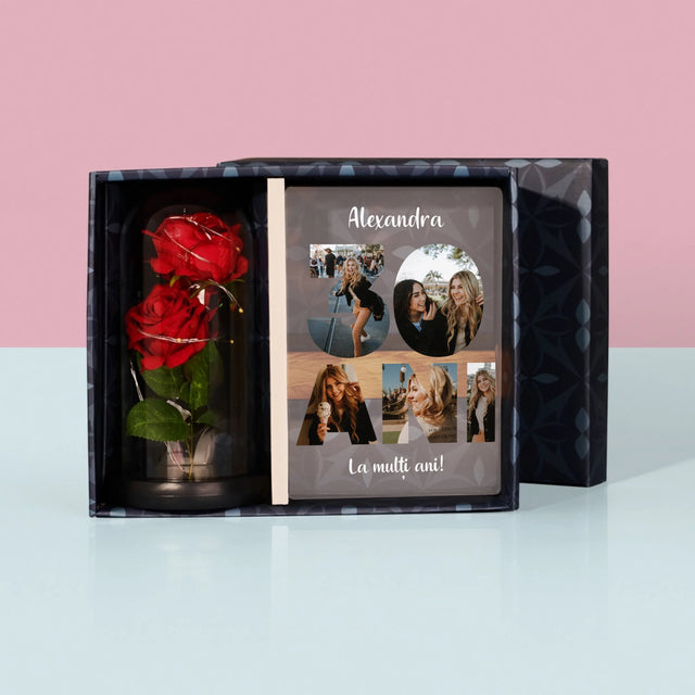 Cuvânt Din Fotografii: 30 Ani Din Fotografiile Tale - Set Cadou Cu Imprimare Pe Sticlă Și Trandafirul Etern