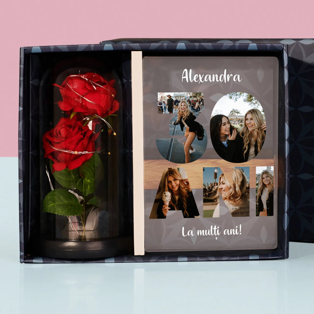Cuvânt Din Fotografii: 30 Ani Din Fotografiile Tale - Set Cadou Cu Imprimare Pe Sticlă Și Trandafirul Etern