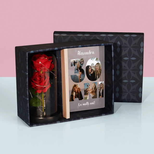Cuvânt Din Fotografii: 30 Ani Din Fotografiile Tale - Set Cadou Cu Imprimare Pe Sticlă Și Trandafirul Etern