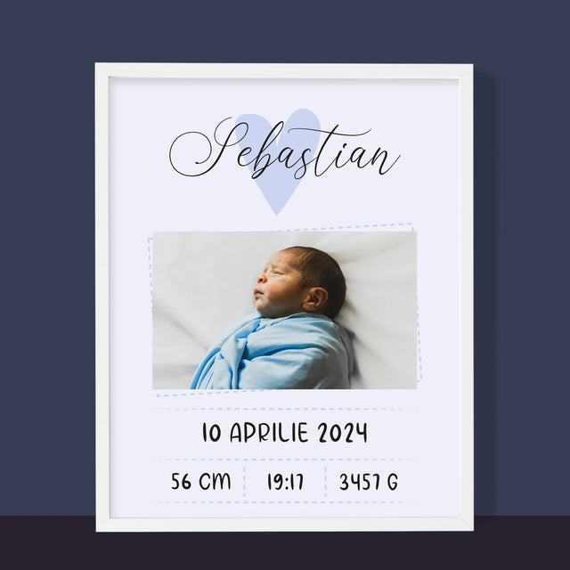 Certificat De Naștere: Certificat De Naștere Inimioară Băiat - Imprimare Cu Ramă 30X40 (Verticală)