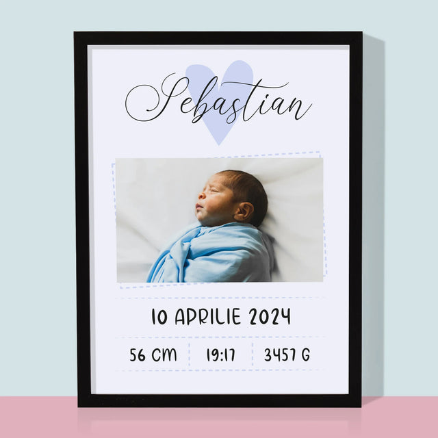Certificat De Naștere: Certificat De Naștere Inimioară Băiat - Imprimare Cu Ramă 30X40 (Verticală)