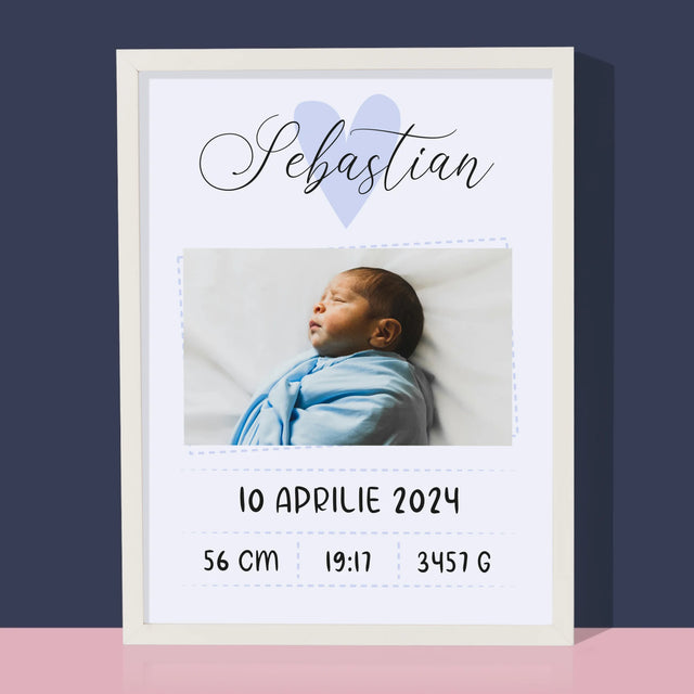 Certificat De Naștere: Certificat De Naștere Inimioară Băiat - Imprimare Cu Ramă 30X40 (Verticală)