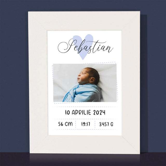 Certificat De Naștere: Certificat De Naștere Inimioară Băiat - Ramă Pentru Fotografii (Horizontală)