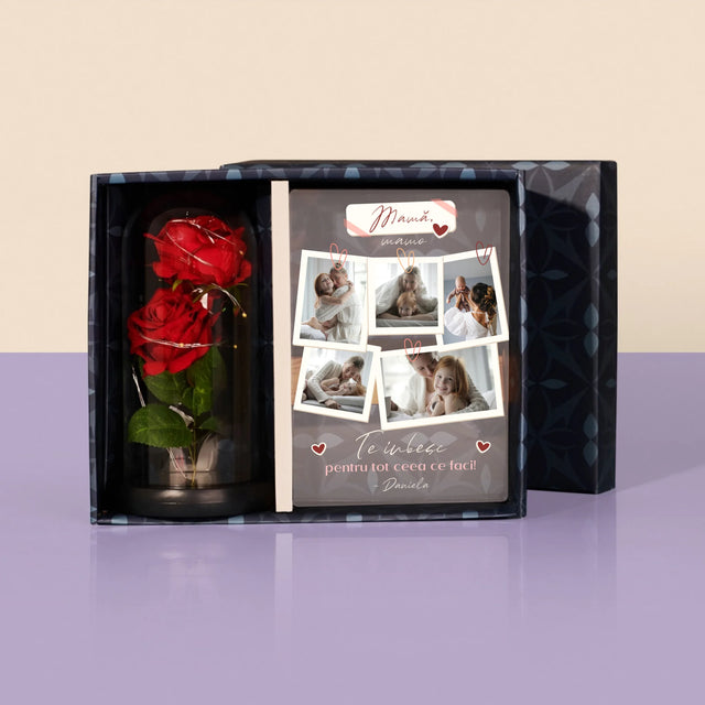 Colaj De Fotografii: Te Iubesc Mamă Fotografii - Set Cadou Cu Imprimare Pe Sticlă Și Trandafirul Etern