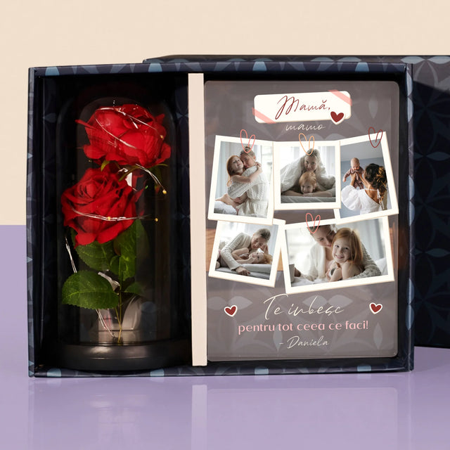 Colaj De Fotografii: Te Iubesc Mamă Fotografii - Set Cadou Cu Imprimare Pe Sticlă Și Trandafirul Etern