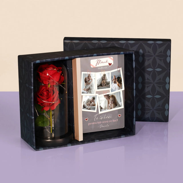Colaj De Fotografii: Te Iubesc Mamă Fotografii - Set Cadou Cu Imprimare Pe Sticlă Și Trandafirul Etern