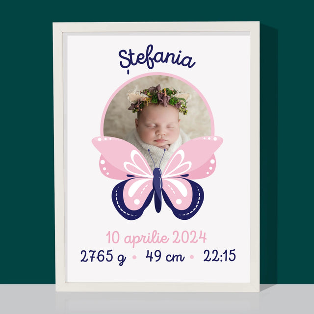 Certificat De Naștere: Certificat De Naștere Fluturaș - Imprimare Cu Ramă 30X40 (Verticală)