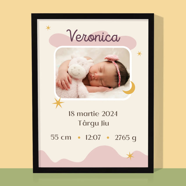 Certificat De Naștere: Certificat De Naștere Lună - Imprimare Cu Ramă 30X40 (Verticală)