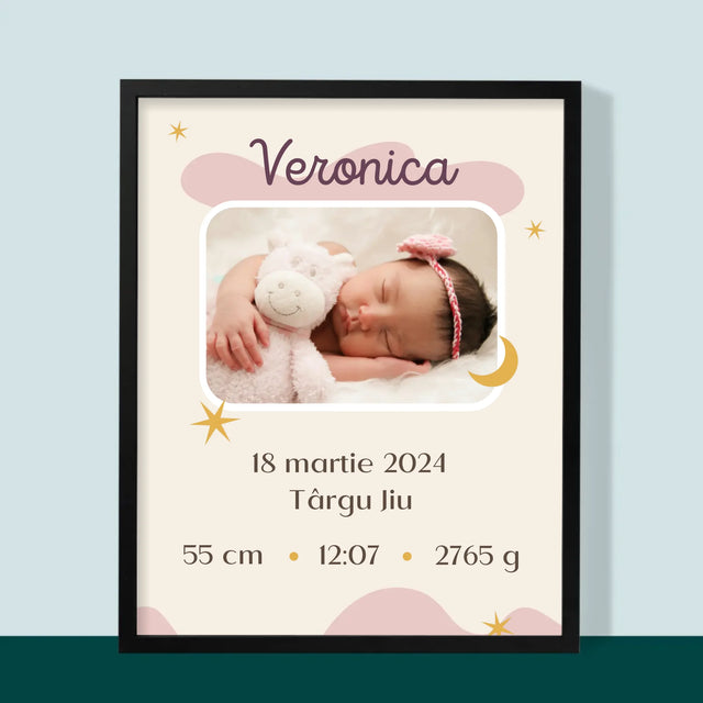Certificat De Naștere: Certificat De Naștere Lună - Imprimare Cu Ramă 30X40 (Verticală)