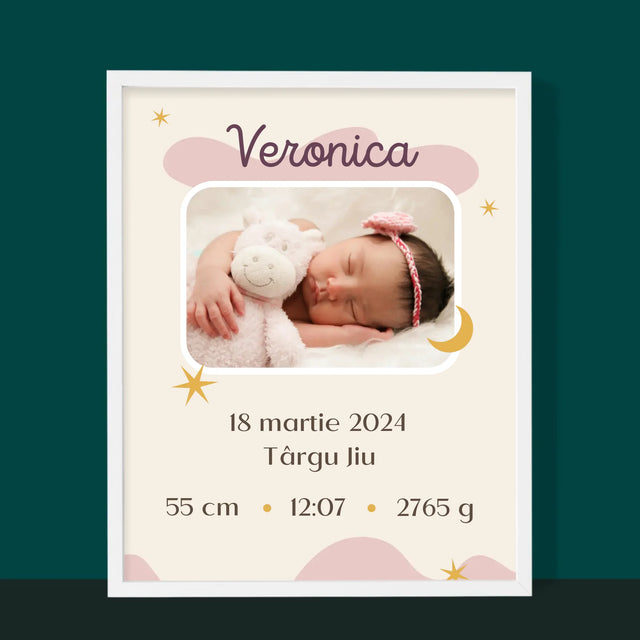Certificat De Naștere: Certificat De Naștere Lună - Imprimare Cu Ramă 30X40 (Verticală)