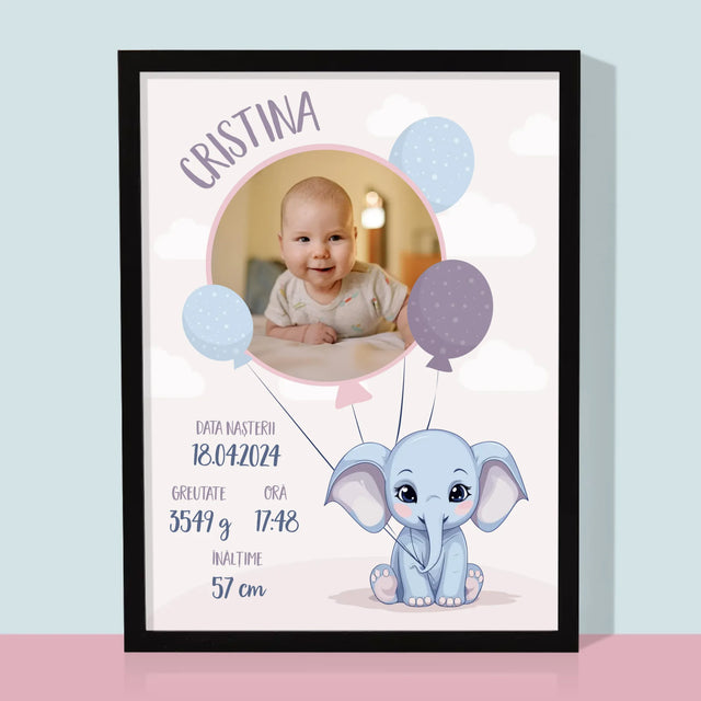 Certificat De Naștere: Certificat De Naștere Elefant - Imprimare Cu Ramă 30X40 (Verticală)