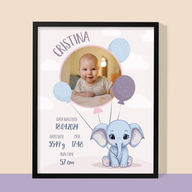 Certificat De Naștere: Certificat De Naștere Elefant - Imprimare Cu Ramă 30X40 (Verticală)