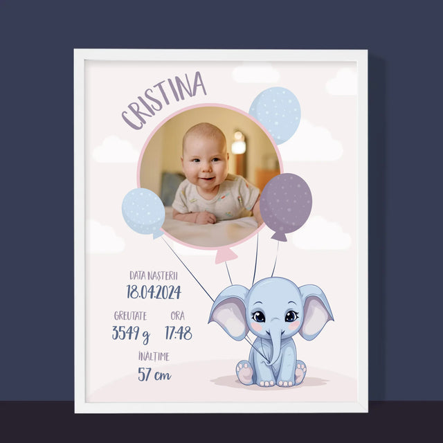 Certificat De Naștere: Certificat De Naștere Elefant - Imprimare Cu Ramă 30X40 (Verticală)
