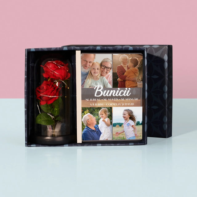 Colaj De Fotografii: Dragi Bunici - Set Cadou Cu Imprimare Pe Sticlă Și Trandafirul Etern