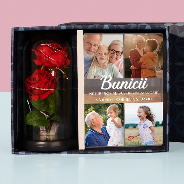 Colaj De Fotografii: Dragi Bunici - Set Cadou Cu Imprimare Pe Sticlă Și Trandafirul Etern