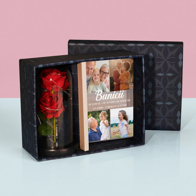 Colaj De Fotografii: Dragi Bunici - Set Cadou Cu Imprimare Pe Sticlă Și Trandafirul Etern