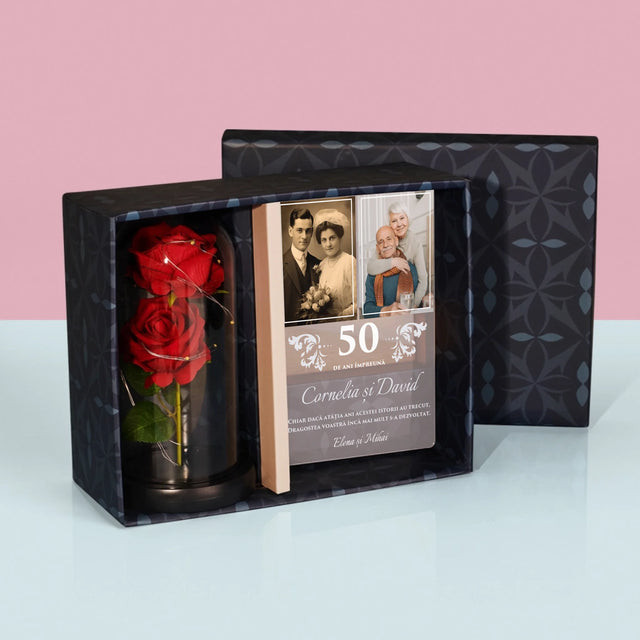 Colaj De Fotografii: Ani De Zile Împreună - Set Cadou Cu Imprimare Pe Sticlă Și Trandafirul Etern