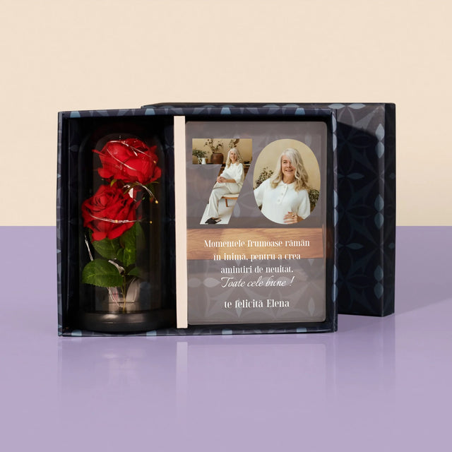 Cuvânt Din Fotografii: 70 Zi De Naștere - Set Cadou Cu Imprimare Pe Sticlă Și Trandafirul Etern