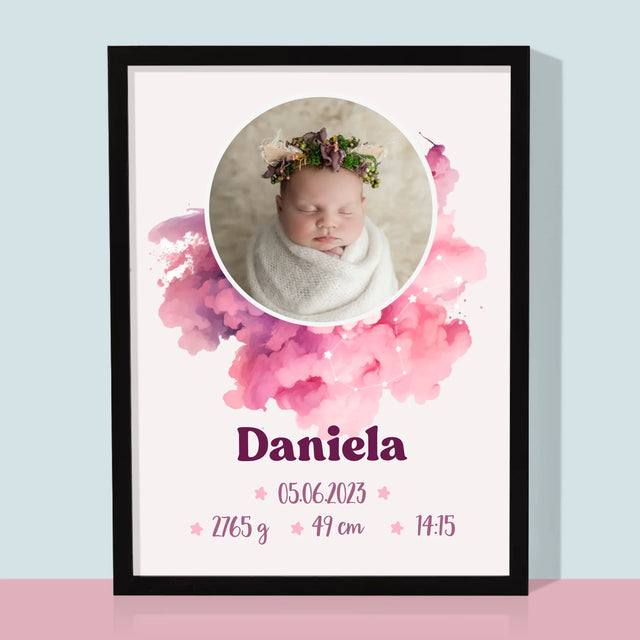 Certificat De Naștere: Zodiac Fetiță - Imprimare Cu Ramă 30X40 (Verticală)