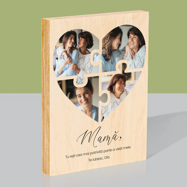 Colaj De Fotografii: Inimă Puzzle Pentru Mama - Imprimare Pe Lemn ( Verticală)