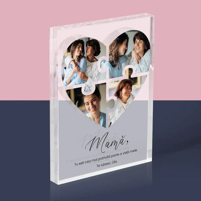 Colaj De Fotografii: Inimă Puzzle Pentru Mama - Bloc Acrilic