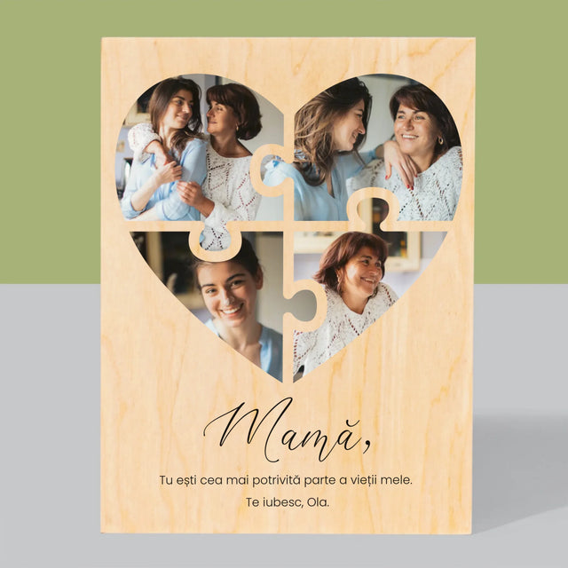 Colaj De Fotografii: Inimă Puzzle Pentru Mama - Imprimare Pe Lemn ( Verticală)