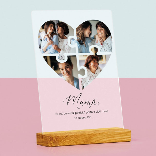 Colaj De Fotografii: Inimă Puzzle Pentru Mama - Imprimare Pe Sticlă Acrilică (Verticală)