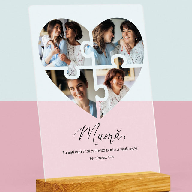 Colaj De Fotografii: Inimă Puzzle Pentru Mama - Imprimare Pe Sticlă Acrilică (Verticală)