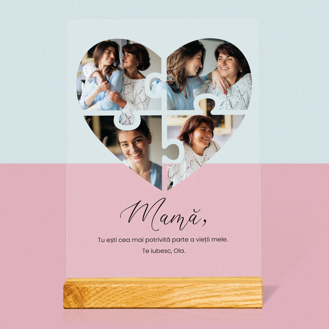 Colaj De Fotografii: Inimă Puzzle Pentru Mama - Imprimare Pe Sticlă Acrilică (Verticală)