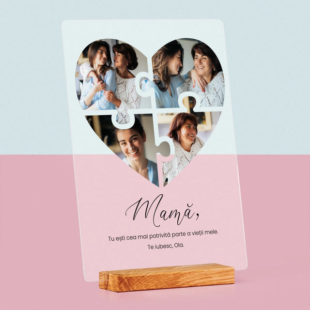 Colaj De Fotografii: Inimă Puzzle Pentru Mama - Imprimare Pe Sticlă Acrilică (Verticală)