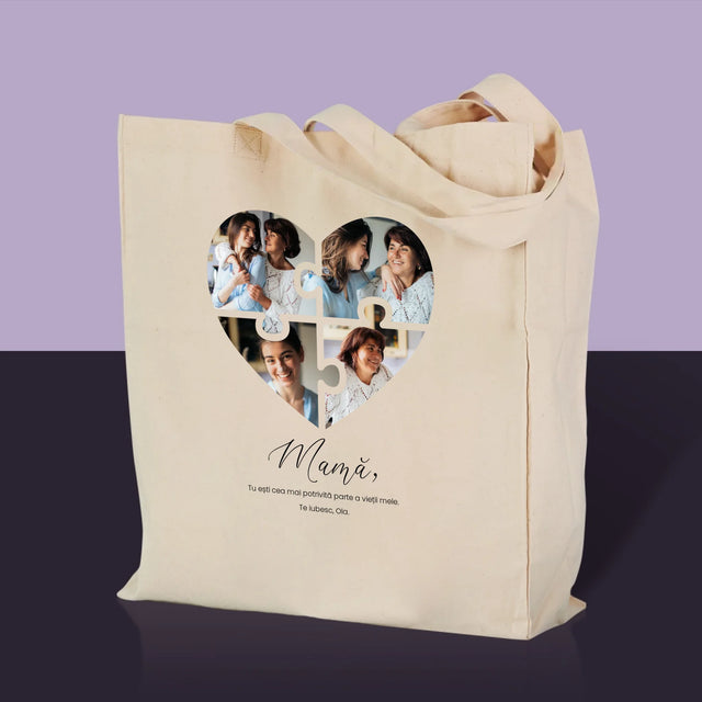Colaj De Fotografii: Inimă Puzzle Pentru Mama - Sacoșă De Pânză
