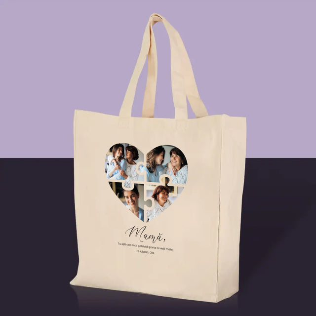 Colaj De Fotografii: Inimă Puzzle Pentru Mama - Sacoșă De Pânză