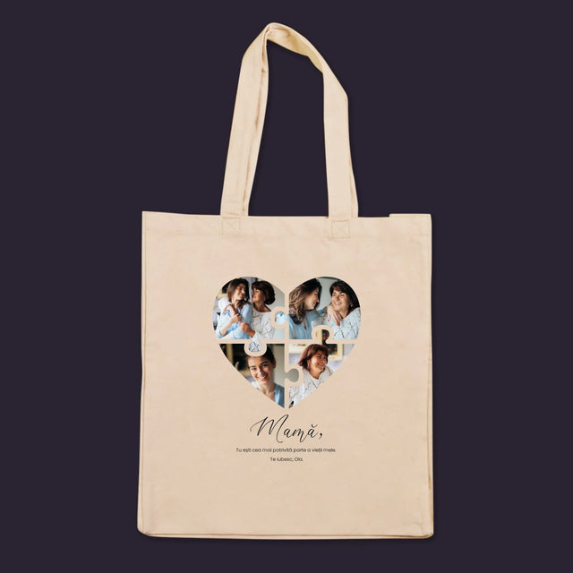 Colaj De Fotografii: Inimă Puzzle Pentru Mama - Sacoșă De Pânză