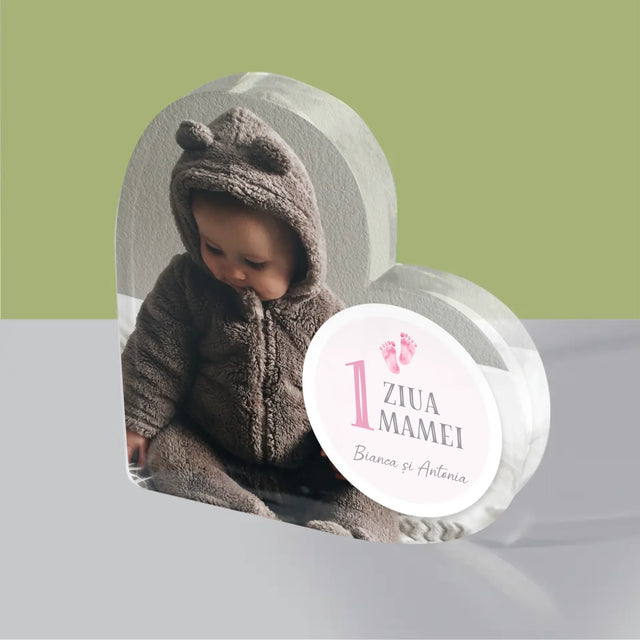 Colaj foto: Prima Zi a Mamei - Inimă din bloc acrilic | RO