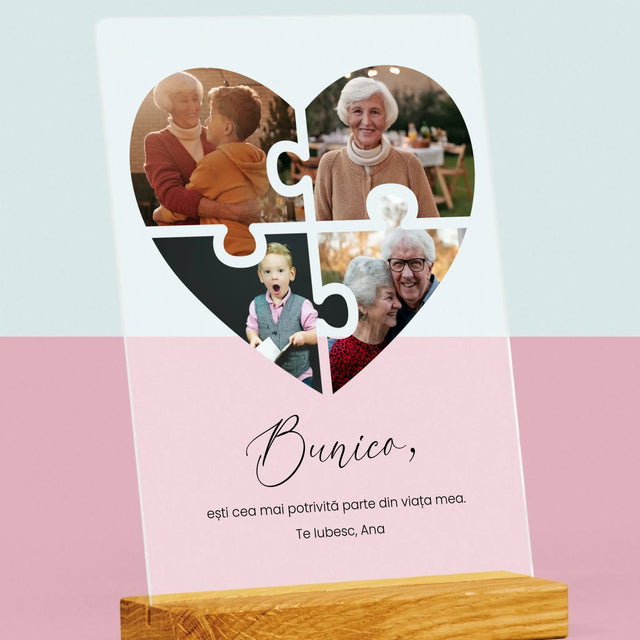 Colaj De Fotografii: Puzzle Inimă Pentru Bunică - Imprimare Pe Sticlă Acrilică (Verticală)