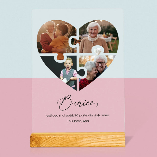 Colaj De Fotografii: Puzzle Inimă Pentru Bunică - Imprimare Pe Sticlă Acrilică (Verticală)