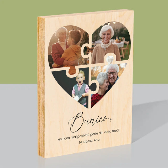 Colaj De Fotografii: Puzzle Inimă Pentru Bunică - Imprimare Pe Lemn ( Verticală)
