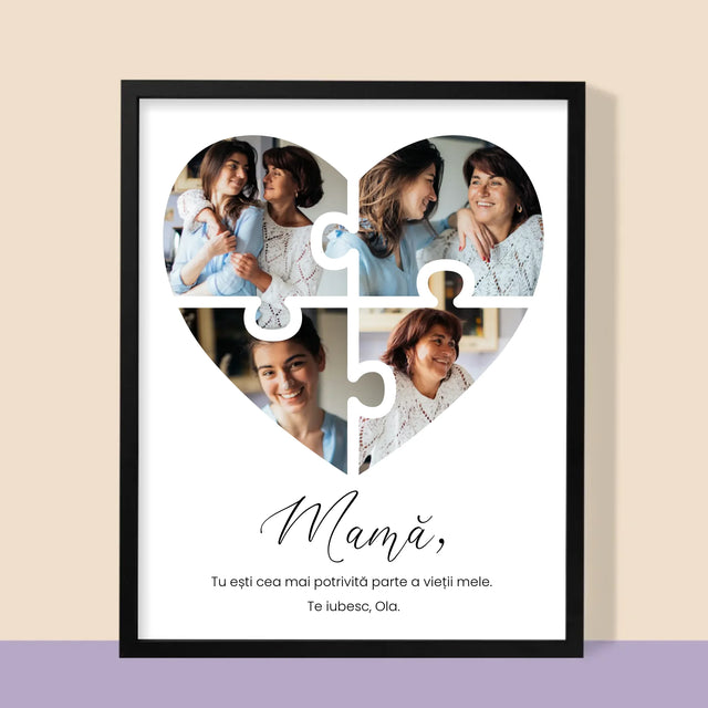 Colaj De Fotografii: Inimă Puzzle Pentru Mama - Imprimare Cu Ramă 30X40 (Verticală)