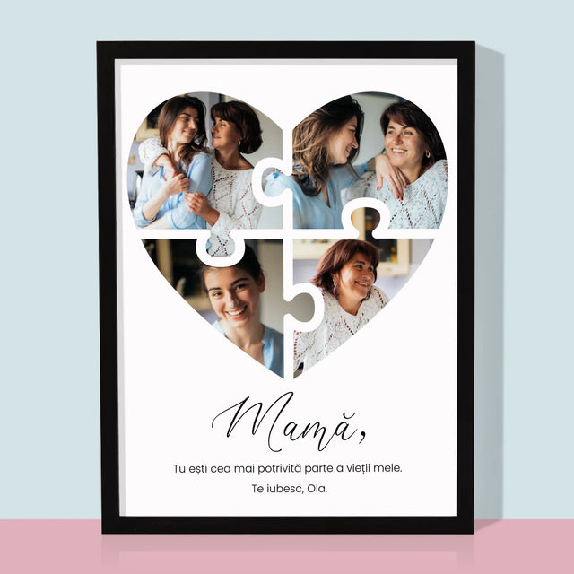 Colaj De Fotografii: Inimă Puzzle Pentru Mama - Imprimare Cu Ramă 30X40 (Verticală)