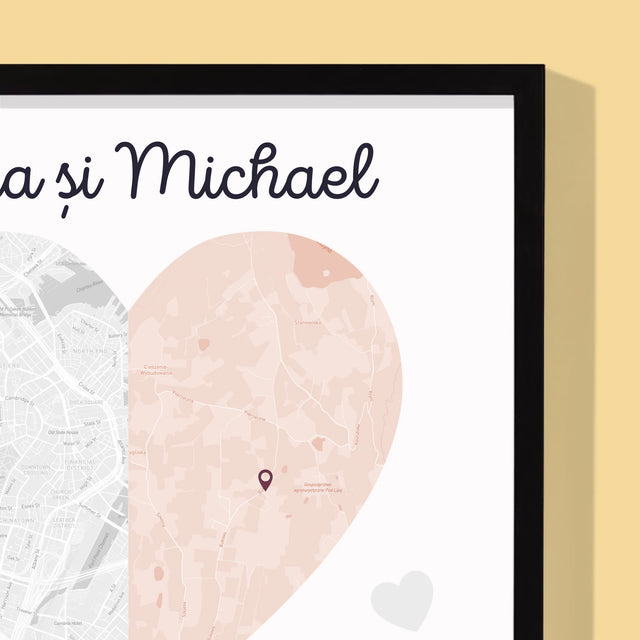 Harta Oraș: Două Jumătăți De Inimă - Imprimare Cu Ramă 30X40 (Verticală)